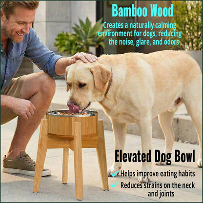 Elevated Slow Feeder Dog Bowls Large Breed - (12-inch-high) - Raised Bowl with Anti-Choking Insert - Stainless Metal and Bamboo
