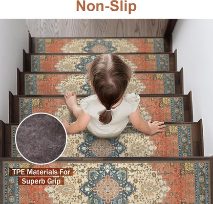 sarben Non Slip Stair Treads for Wooden Steps 15PCS - 8"x30" Indoor Safety Carpet, Edging Mats with TPE Adhesive Backing, Pet and Elderly Friendly Stair Rugs (Taupe) - Colors A