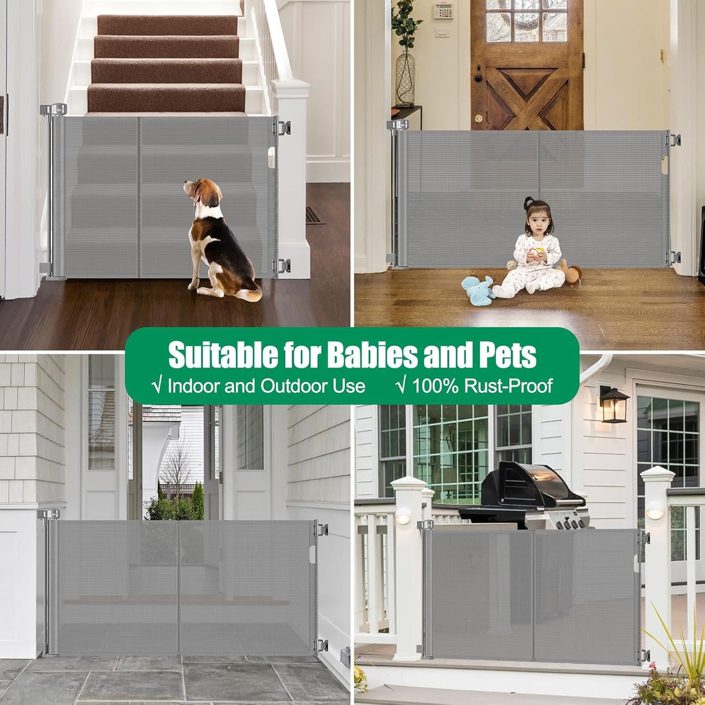 Reinforced 85 Inch Wide Retractable Dog Gate Extra Long Baby Gate with Support Rods – Prevent Crawling Under, Indoor Extra Wide Retractable Baby Gate Retractable Gate Outdoor Gates for Decks, White