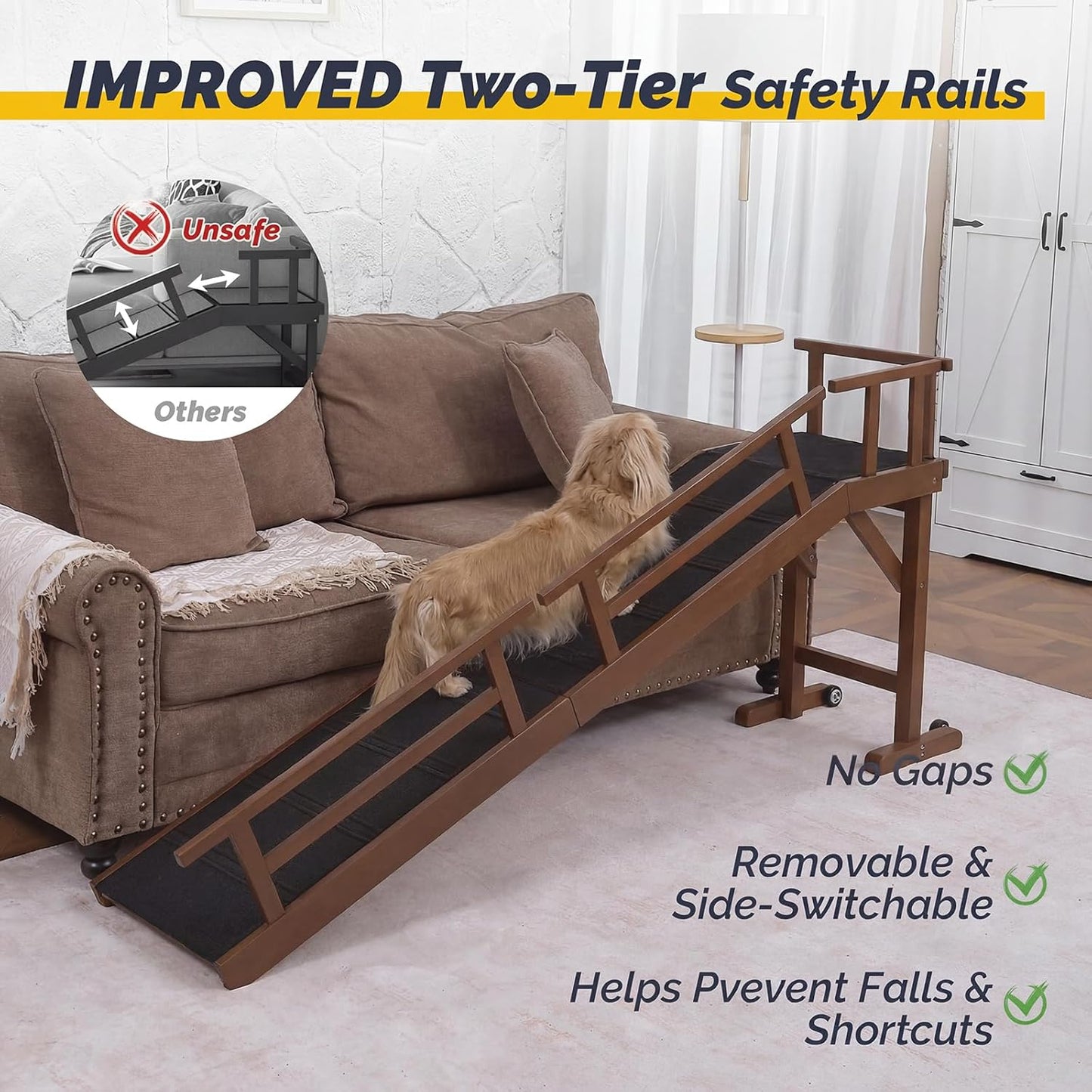 Dog Ramp for Bed or Couch, Wooden Pet Ramp with 20° Gentle Slope, Removable Side Rails, Non-Slip Surface, Top Platform & Wheels, Safe Bed Ramp for Small, Large & Senior Dogs, 60" Long, Mahogany