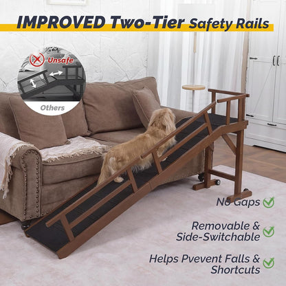 Dog Ramp for Bed or Couch, Wooden Pet Ramp with 20° Gentle Slope, Removable Side Rails, Non-Slip Surface, Top Platform & Wheels, Safe Bed Ramp for Small, Large & Senior Dogs, 60" Long, Mahogany