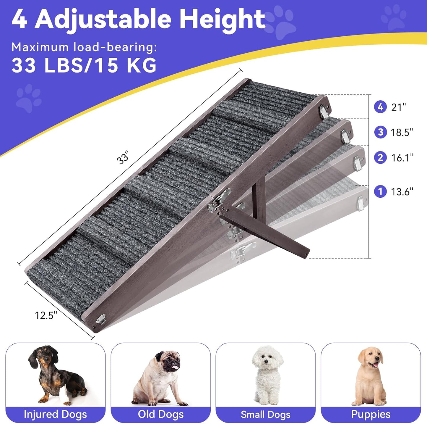 2026 Upgraded Dog Ramp for Couch, Foldable Small Dog Ramp for Sofa, 4 Adjustable Height from 13'' to 21", Portable Stable Pet Steps with Non-Slip Pad, Pet Ramps Use for Sofa Couch Stairs