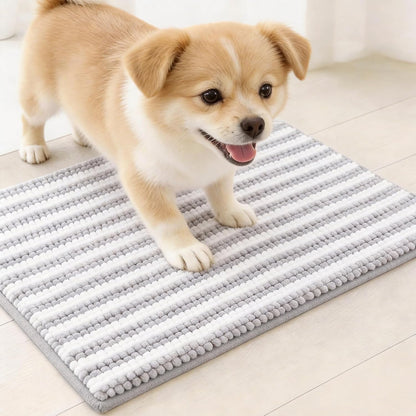 pobopobo Dog Door Mat for Muddy Paws - Absorbent & Washable Chenille Rug, Non-Slip Dirt Trapper for Indoor Outdoor Entryway, Quick Dry Pet Mat for Muddy Dogs (Striped Gray-Blue&White, 24" x 16")