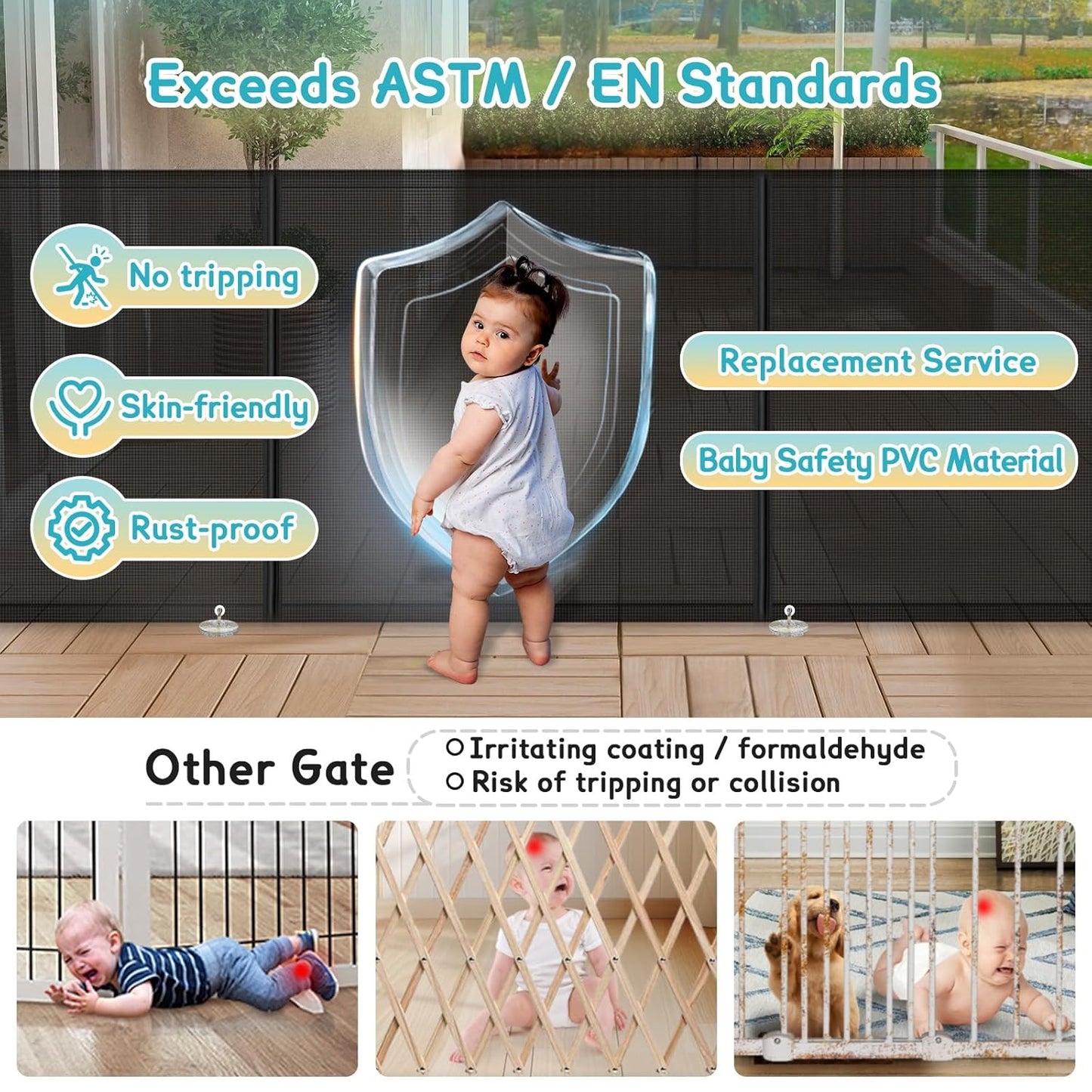 Retractable Baby Gates Extra Wide 150" × 34" Tall for Large Opening 12.5 Foot Retractable Dog Gate for Doorways, Stairs, Aisle, Indoor/Outdoor Retractable Gate for Garage, Hallways, Deck