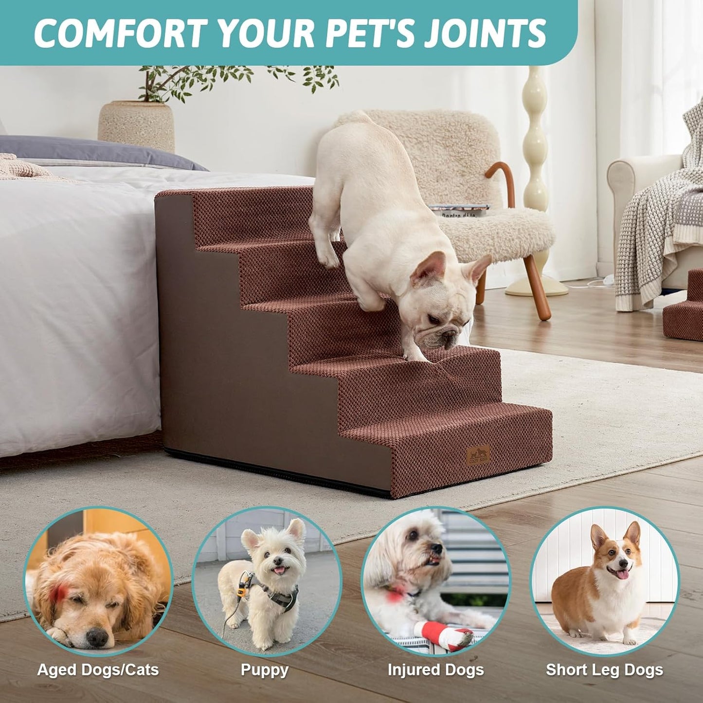 COZY KISS Dog Stairs for Small Dogs, 4 Tier Wider Pet Stairs for Couch and Beds, 17.7" H Non-Slip Dog Steps for Old Cats, Puppy, Small Medium Dogs, 17.7x23.6x17.7 inch, Beige