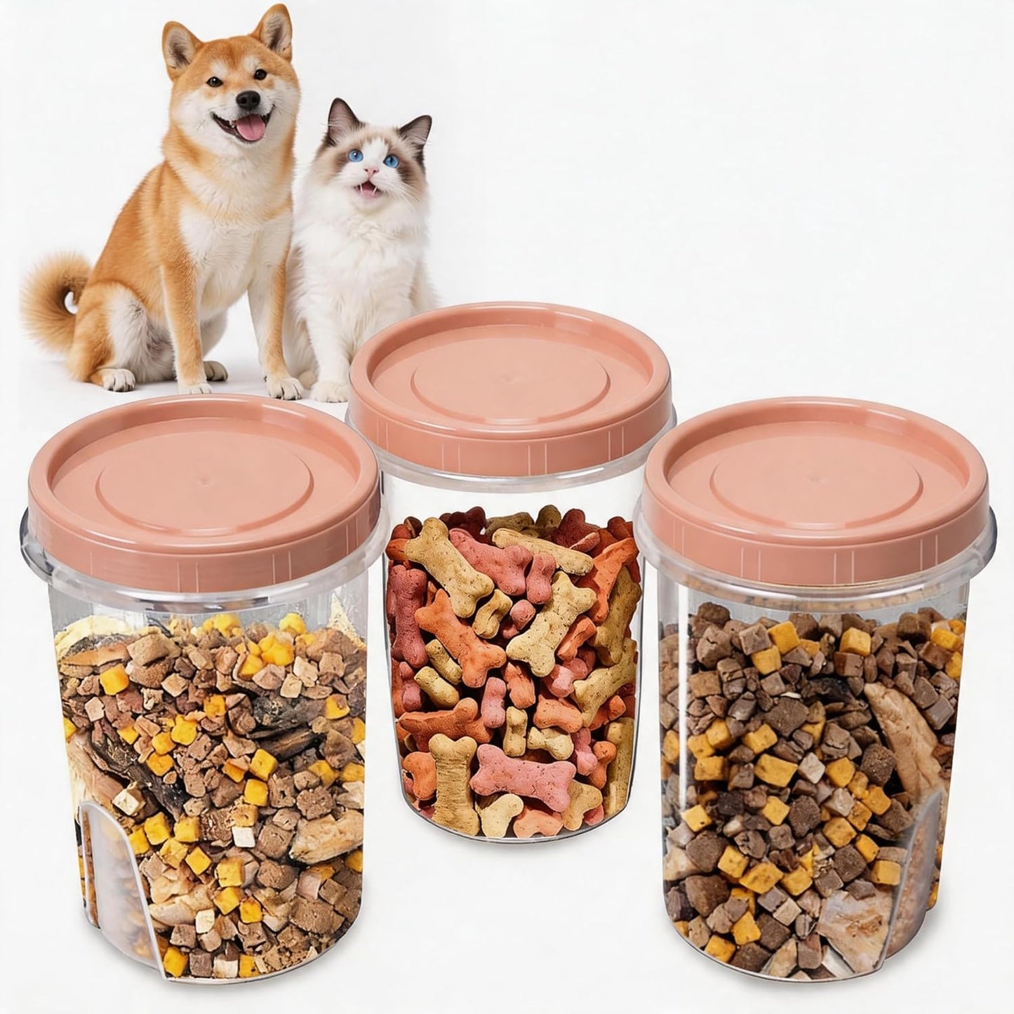 3 Pack Dog Treat Container - Airtight Dog Treat Holder with Lid - Reusable Cat Treat Container - Cute Cat Treat Cookie Container Set - Plastic Pet Dog Cat Food Storage Container