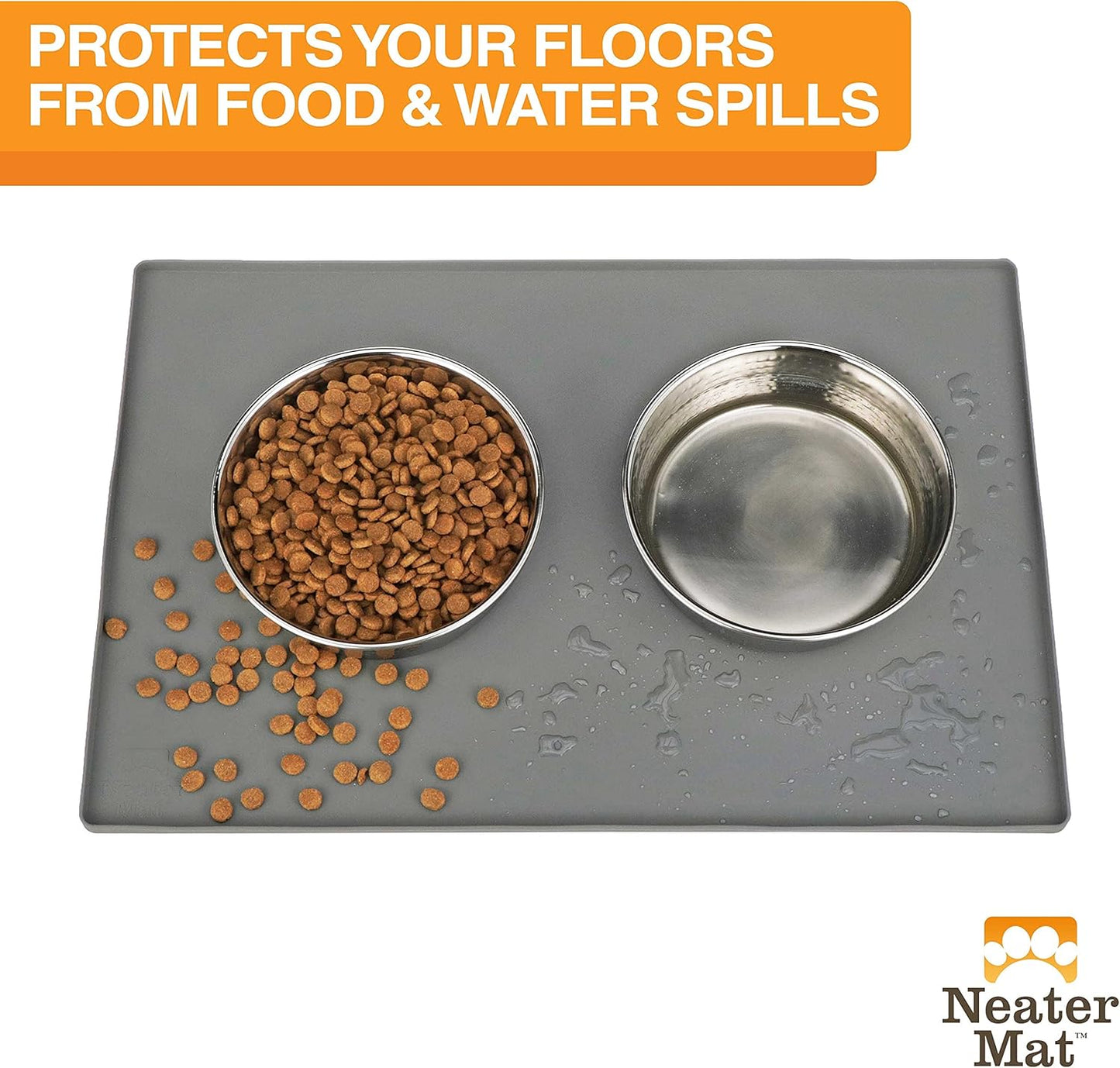 Neater Pet Brands Neater Mat Cat & Dog Food Mat, Waterproof & BPA-Free Silicone Placemat with Raised Edge for Under Food and Water Bowls, 19" x 12", Gunmetal Grey