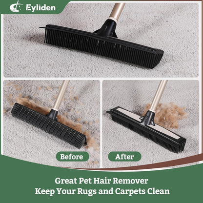 Eyliden Rubber Carpet Rake for Pet Hair, 2-in-1 Push Broom with Squeegee, 54" Telescopic Handle, Fur Water Remover Brush for Carpet, Rug, Hardwood, Tile Floors