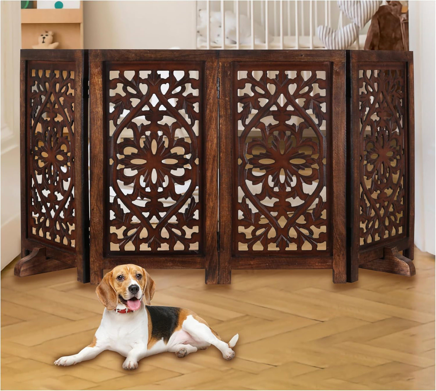 Freestanding Pet Gate for Dogs, Foldable Wooden Dog Gate for House, Indoor Dog Gate for Stair, Doorway, House Design Gates for Dogs Indoor, 72 Inch Wide, (18" x4 Panels 72 inch), Burnt Finish