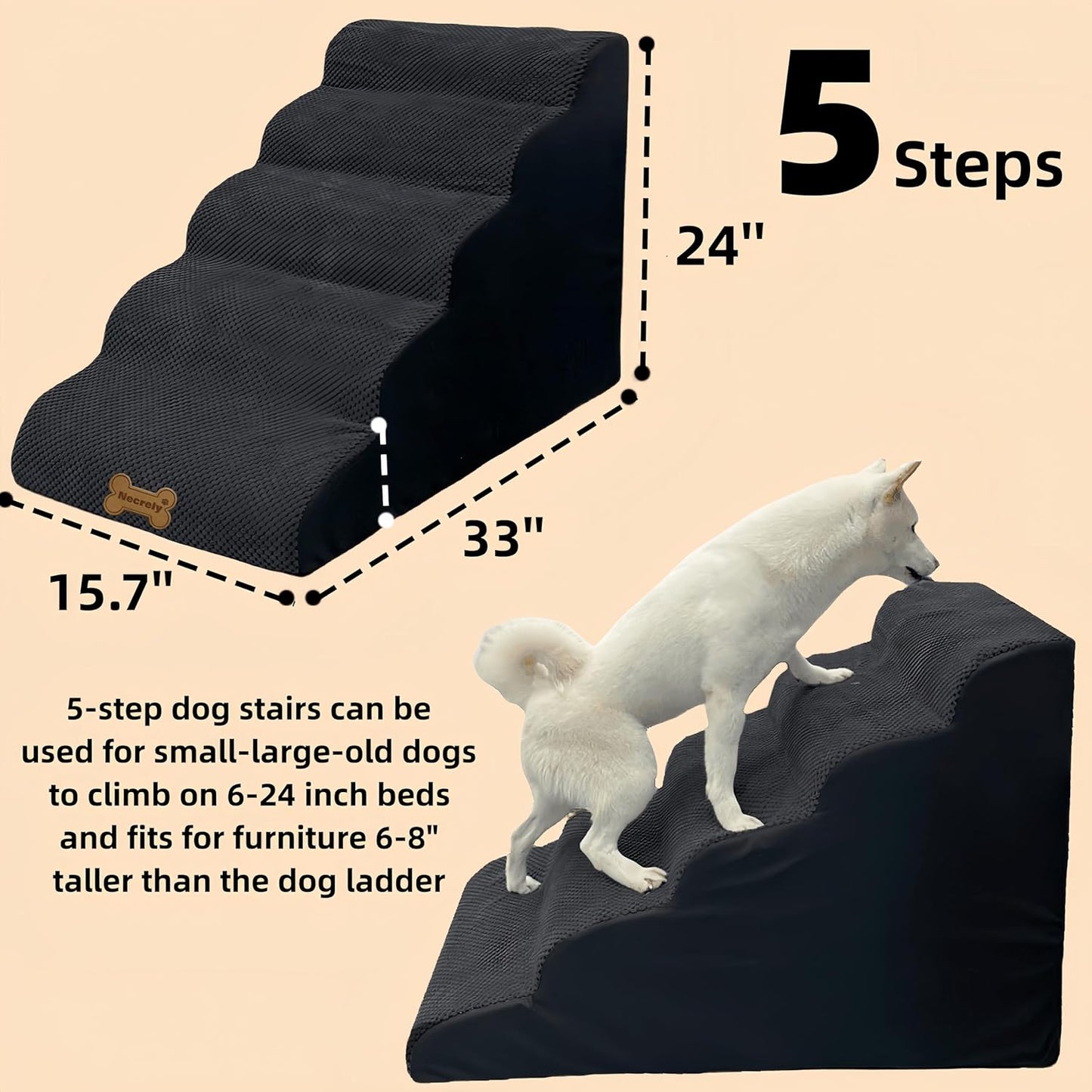 Necrely 4-Step Dog Stairs for High Beds 18-24 Inch Pet Steps 2 3 4 5 Tier Ladder Non-Slip Sturdy Ramp Small Medium Large Dog Steps to Couch Bed Old Dogs Balanced Pet Stairs for Getting on Bed