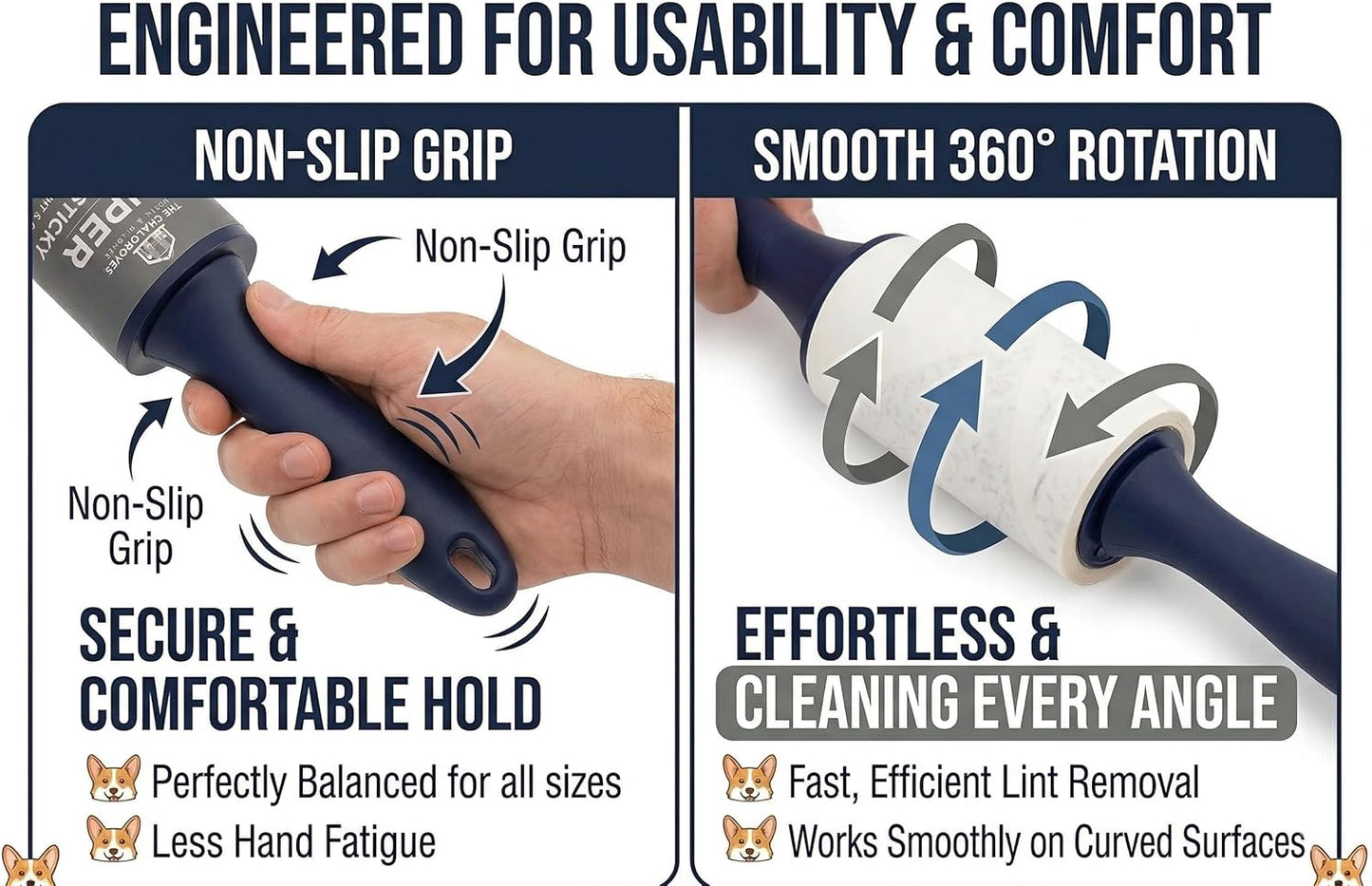 Extra Sticky Lint Roller for Pet Hair (600 Sheets) — 6-Pack, Straight-Cut Sheets, Ergonomic Navy Handles — Cat & Dog Hair Remover for Clothes, Furniture & Car