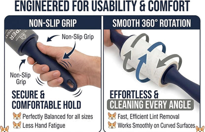 Extra Sticky Lint Roller for Pet Hair (600 Sheets) — 6-Pack, Straight-Cut Sheets, Ergonomic Navy Handles — Cat & Dog Hair Remover for Clothes, Furniture & Car