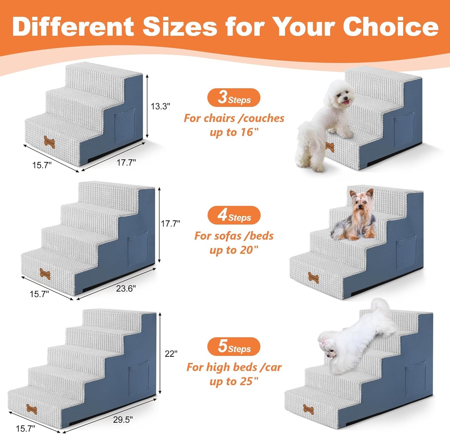 POCBLUE Dog Stairs for Bed 17.7" H, 4-Step Pet Steps for High Bed or Couch, Non-Slip Pet Ramp for Small Dogs and Cats Indoor with Washable Cover, Grey