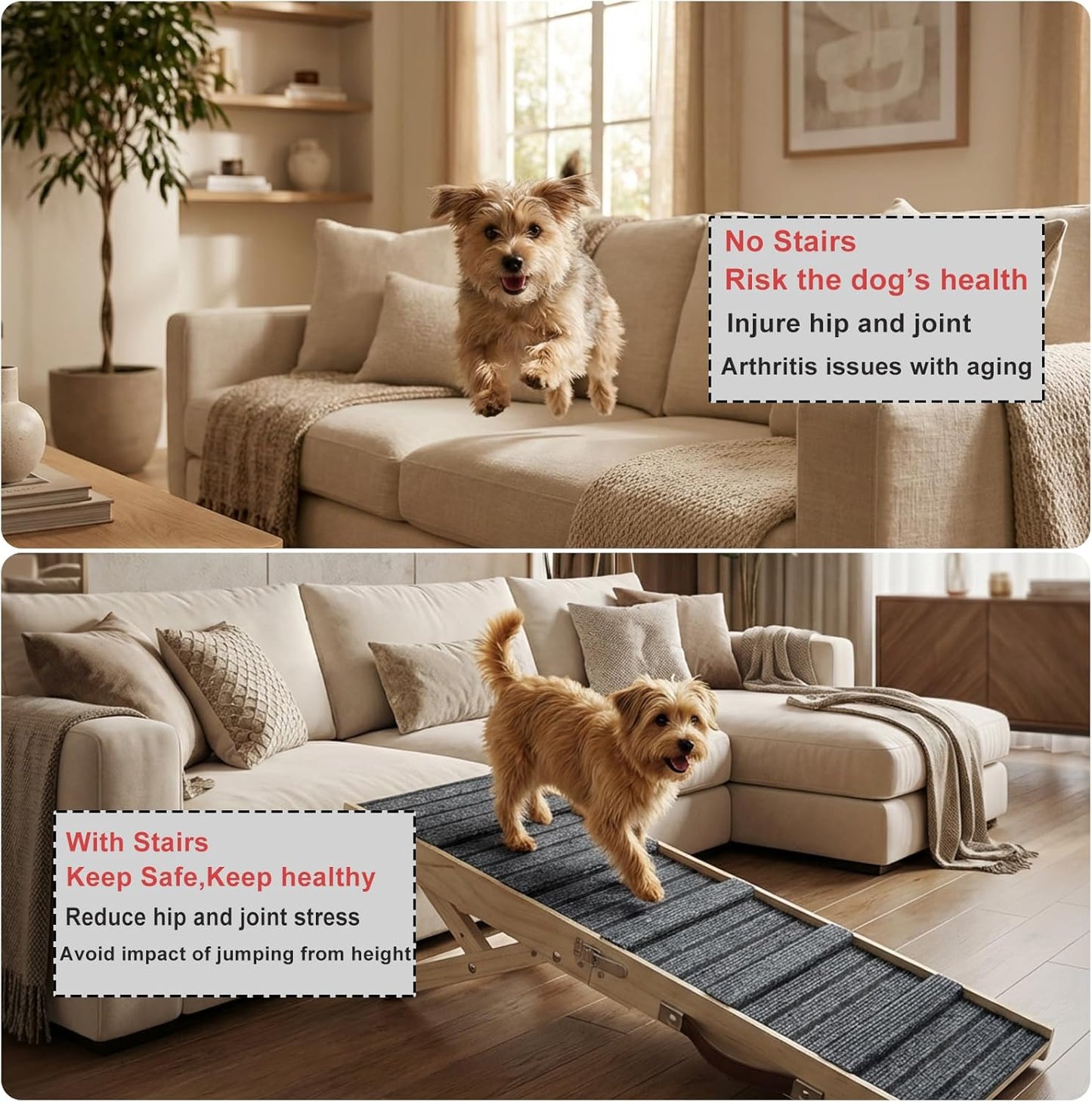 Dog Ramp for Sofa, Couch – Foldable Wooden Pet Ramp with 4 Adjustable Heights, Anti-Slip Surface & Safety Support for Small Dogs, Senior Pets with Joint Pain – Portable Pet Steps Stairs (S)