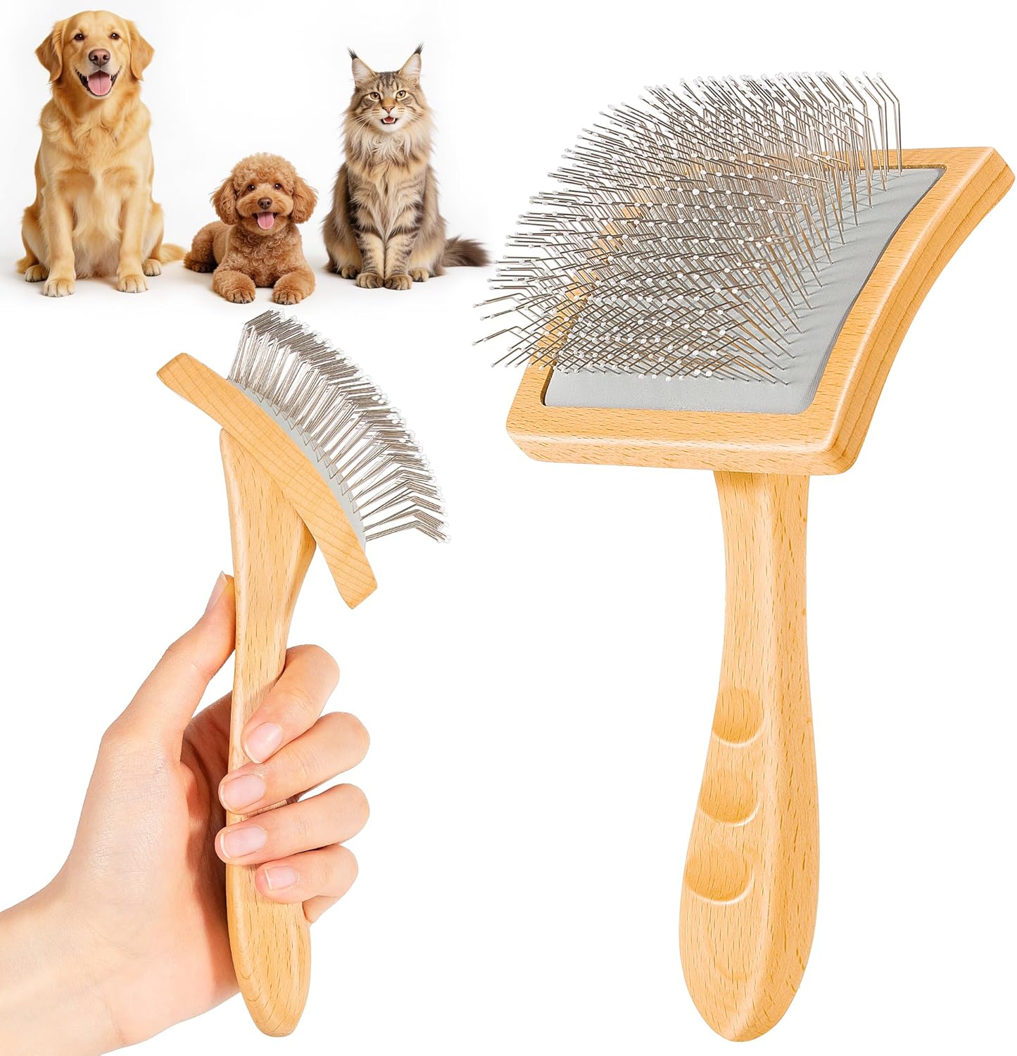 Slicker Brush for Long-Haired Dogs & Cats, Professional Dog Grooming Brush for (Goldendoodles, Poodles, Labradoodles), Large Pets Pin Tips Brushes with Natural Beech Wood Ergonomic Handle