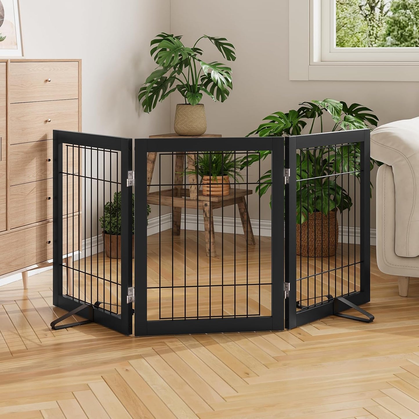 Freestanding Dog Gates Indoor, 3-Panel Pet Gates with 2 Metal Stands and 360° Hinge, 24" H Foldable Dog Gate for Stairs, Doorway, Kitchen, Expands Up to 55" Fully Assembled - Black Walnut
