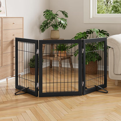 Freestanding Dog Gates Indoor, 3-Panel Pet Gates with 2 Metal Stands and 360° Hinge, 24" H Foldable Dog Gate for Stairs, Doorway, Kitchen, Expands Up to 55" Fully Assembled - Black Walnut