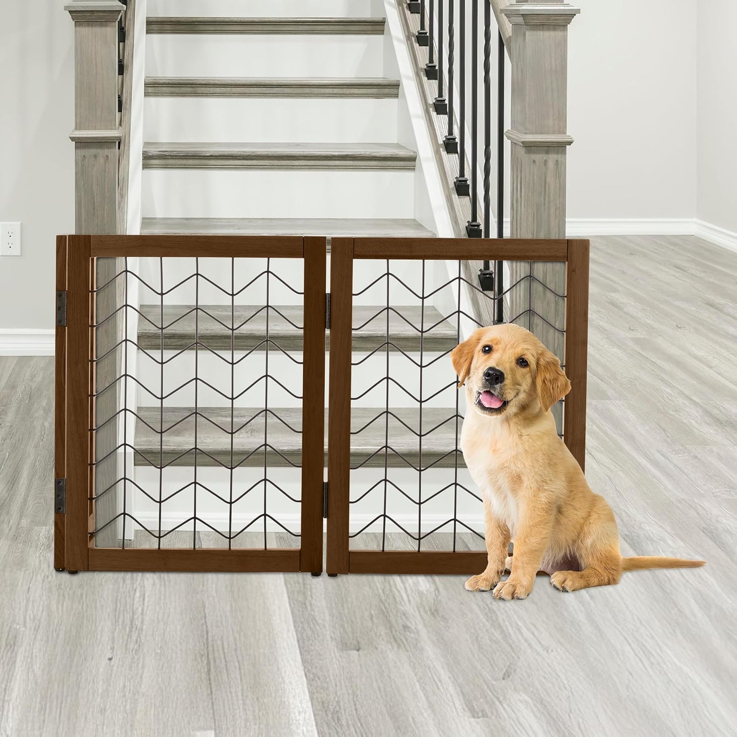 Freestanding Dog Gate - 3-Panel Foldable Indoor Pet Fence - 55x24-Inch Sturdy Metal and Wood Dog Gate - Pet Barrier for Stairs, Hallways, Doorways, or Small Openings by PETMAKER (White)