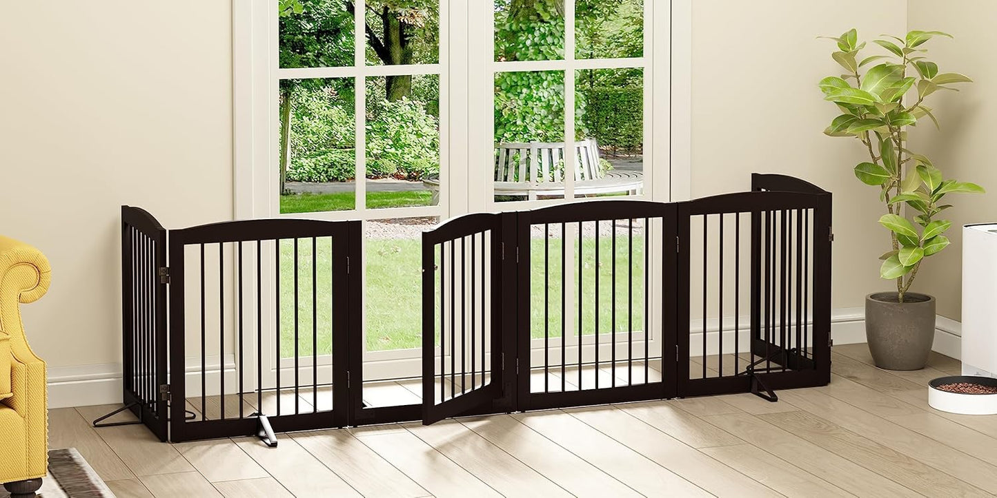 PUPETPO Freestanding Dog Gate with Door, Pet Gate for Stairs, 80 inch Wide Pet Barrier Indoor, Dog Fences Indoor, Support Feet Included, 4 Panels, 24" Tall, Dark Brown