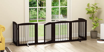PUPETPO Freestanding Dog Gate with Door, Pet Gate for Stairs, 80 inch Wide Pet Barrier Indoor, Dog Fences Indoor, Support Feet Included, 4 Panels, 24" Tall, Dark Brown