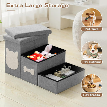Wider Dog Steps for Bed 17" H, Foldable Dog Stairs with Storage, Non-Slip Pet Steps for Small Medium Large Dogs, Arthritis-Friendly Pet Stairs for Couch and Car Up to 200 lbs, Grey, 3 Steps
