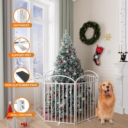 SNUOWU 4 Panels Full Matel Freestanding Dog Gates with Door, 96"Extra Wide 32"Tall Free Standing Dog Pet Gate for Indoor & Outdoor. Foldable Pet Fences for Doorways, House, Stairs, Porch, Deck, Yard