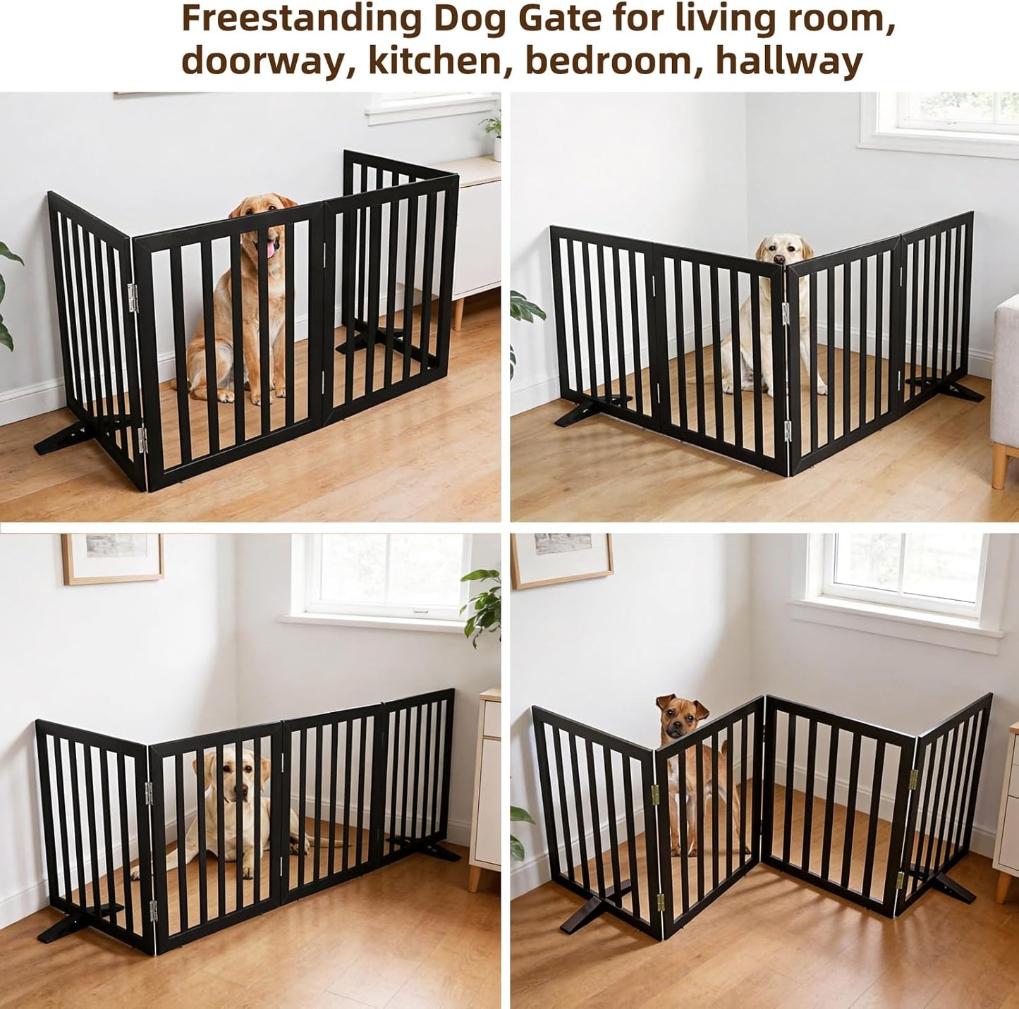 ZJSF Freestanding Indoor Dog Gate for House Foldable Wood Puppy Gate for Doorways Pet Gate for Stairs Extra Wide Pet Fence, Brown, 24" Height 3 Panels