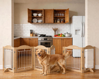 Vantas Espresso Wooden Folding Dog Gate 144" Wide x 30" Tall with Door, Freestanding Pet Gate, Pet Puppy Safety Fence