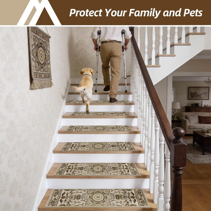 COSY HOMEER-Stair-Treads-for-Wooden-Steps Washable Indoor Stair Treads Non Slip 8" X 30" Soft Stair Carpet Treads Reusable Peel and Stick Stair Runner Rug for Kids, Elders and Pets 15pcs