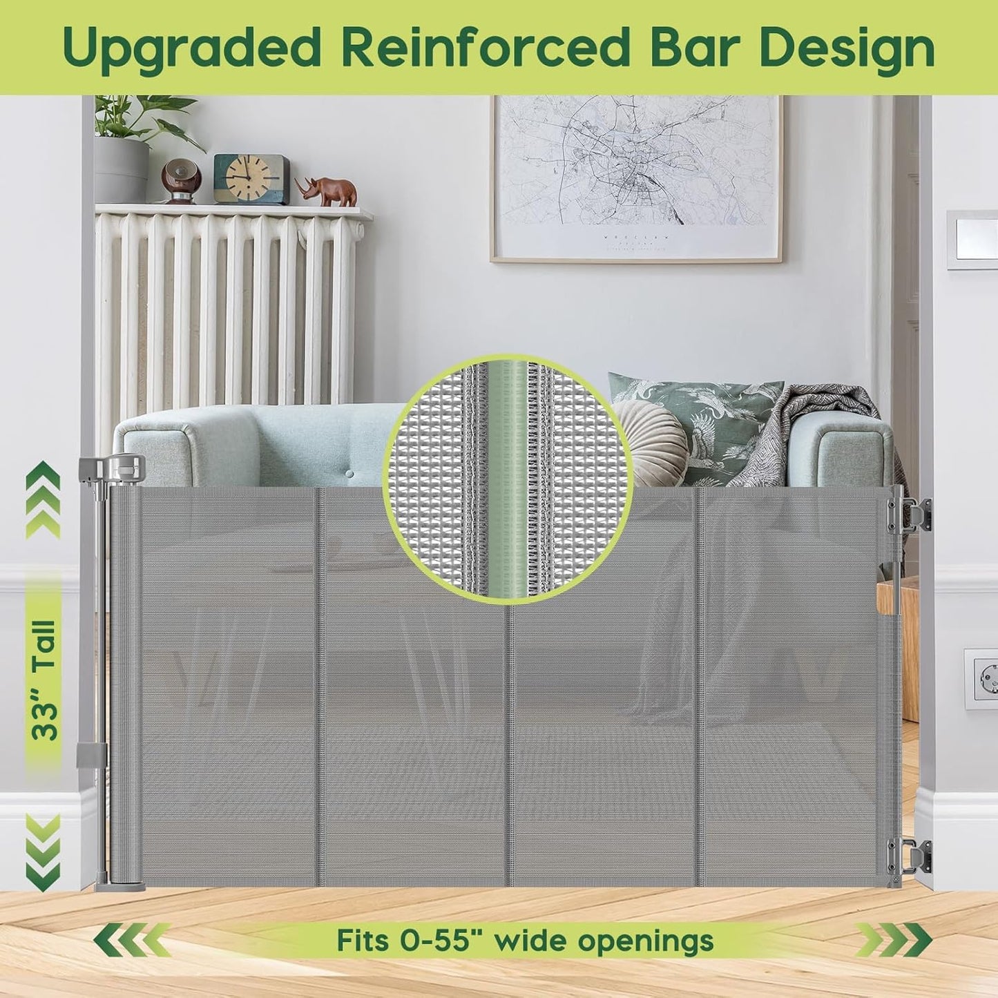 Reinforced 80 Inch Retractable Baby Gate Extra Wide Baby Gate for Wide Openings, Indoor/Outdoor Retractable Dog Gate for Doorway, Mesh Dog Gate Indoor Prevent Babies/Pets from Crawling Under, Black