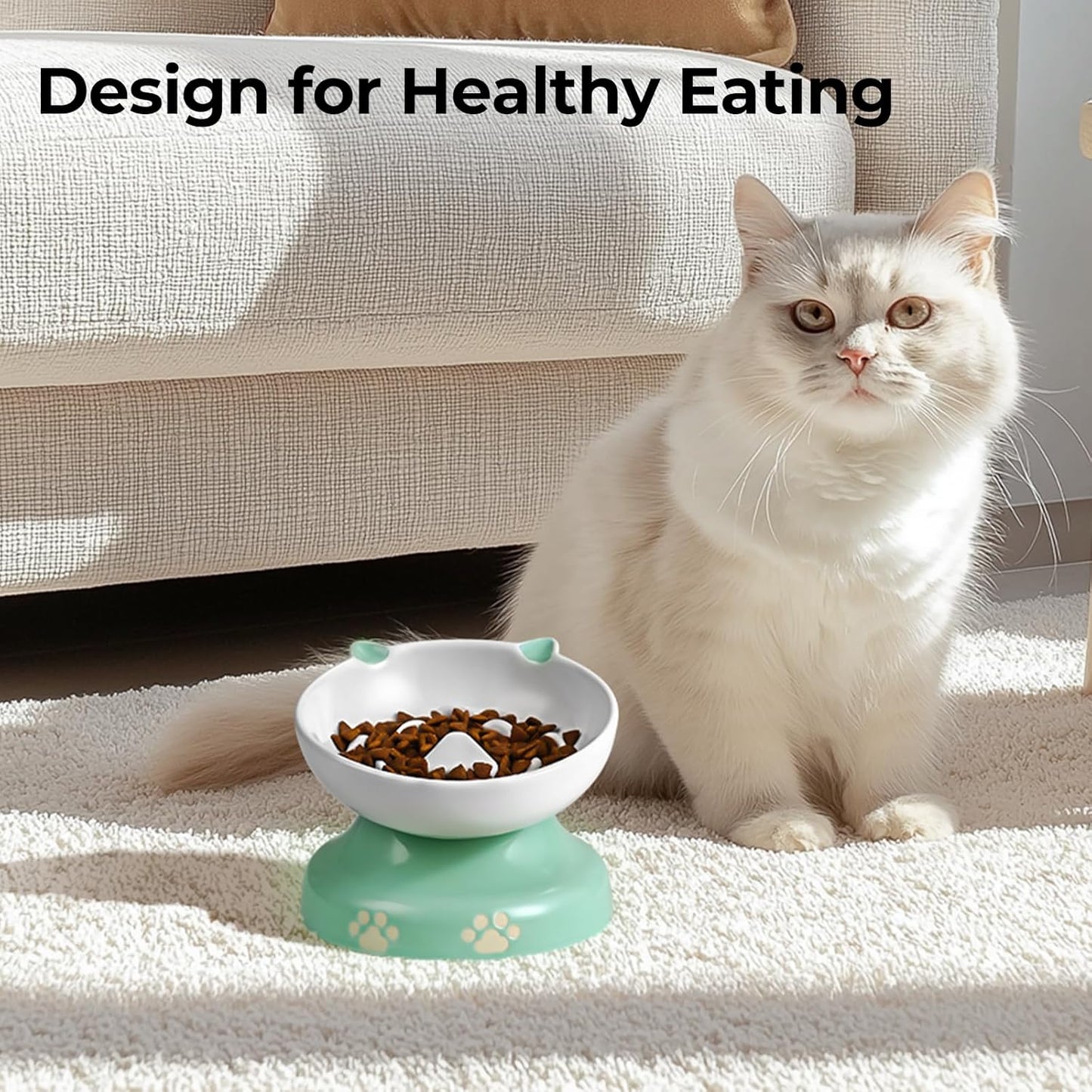Y YHY Ceramic Cat Slow Feeder, Elevated Dog Food Bowl Tilted Design, Slow Feeder Bowl no Black Chin, Cat Shape for Dry and Wet Food