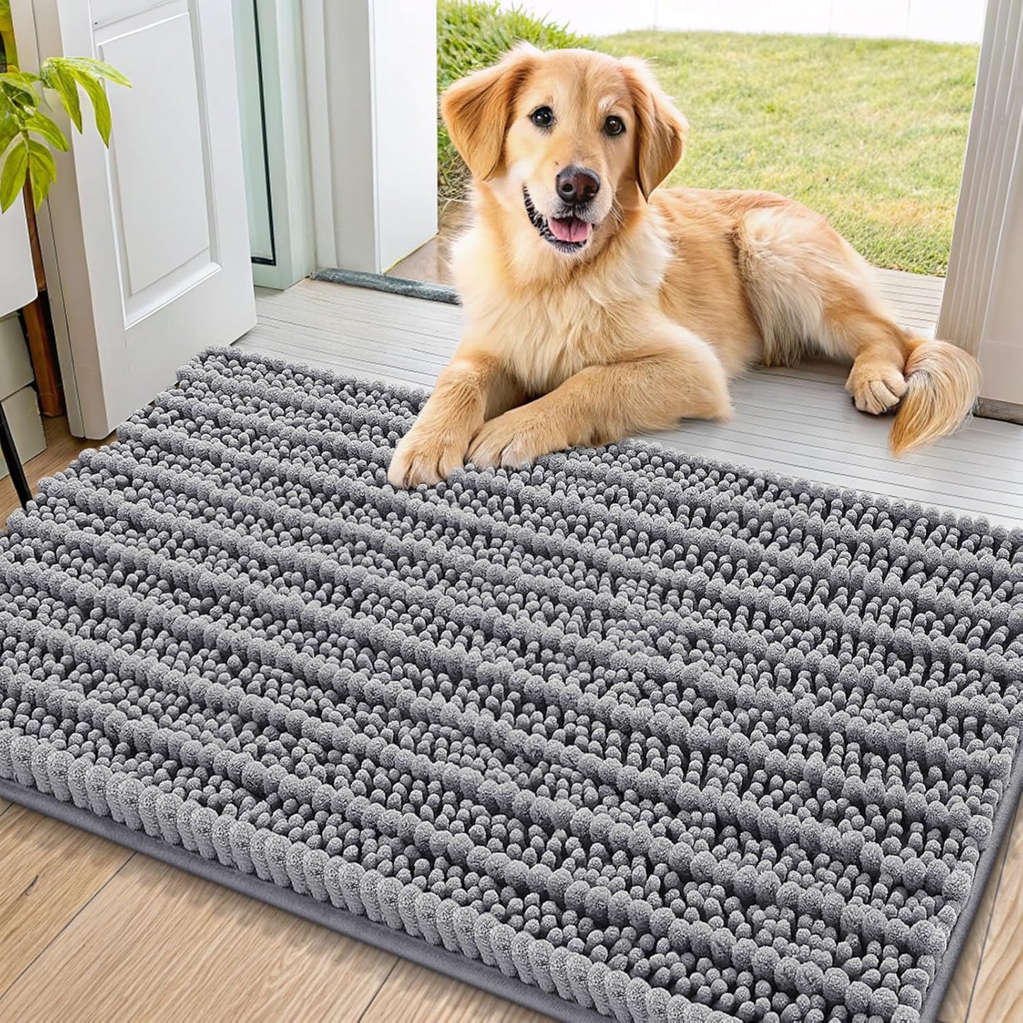 Smiry Dog Door Mat for Muddy Paws 30x20, Extra Soft Absorbent Chenille Doormat, Trap Moisture and Dirt, Non-Slip Machine Washable Front Door Mat for Indoor Entrance Inside Floor, Grey