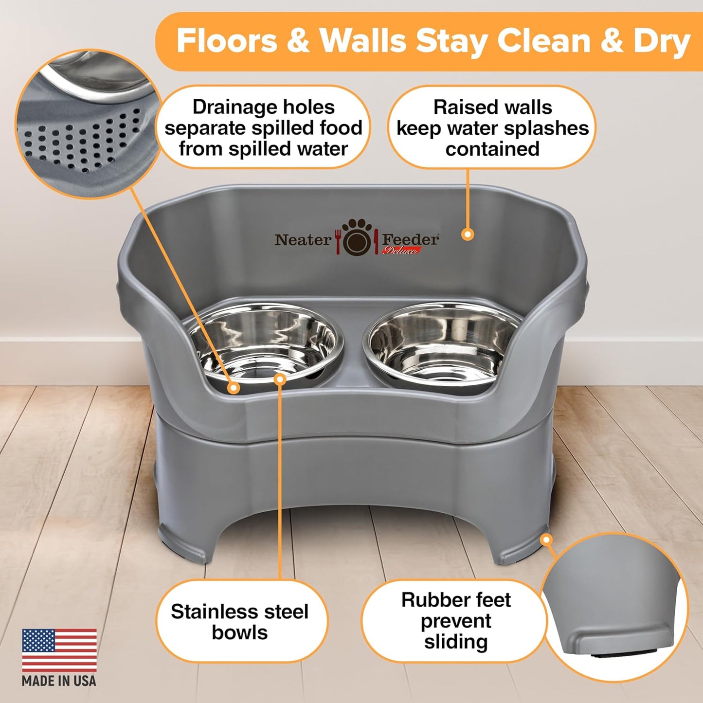 Neater Pet Brands Neater Feeder Deluxe Mess Proof Dog Bowls Elevated for Large Dogs Over 40 lbs, Made in USA, No Spill Raised Dog Food Bowl Stand Feeding Station, Food and Water Bowl Set, Black