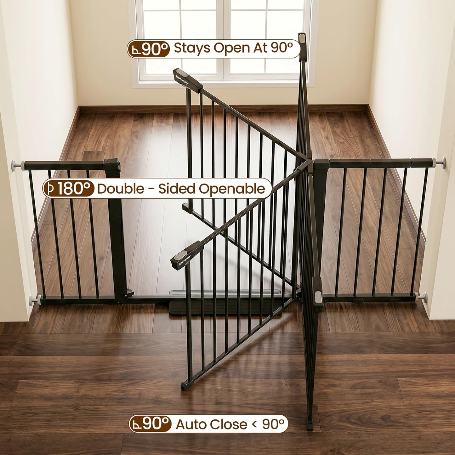 Mumeasy Baby Gate Extra Wide, 29.7-51'' Pressure Mounted Dog Gate with Walk Thru Door, Auto Close Pet Gate for House, Stairs, Doorways,Black