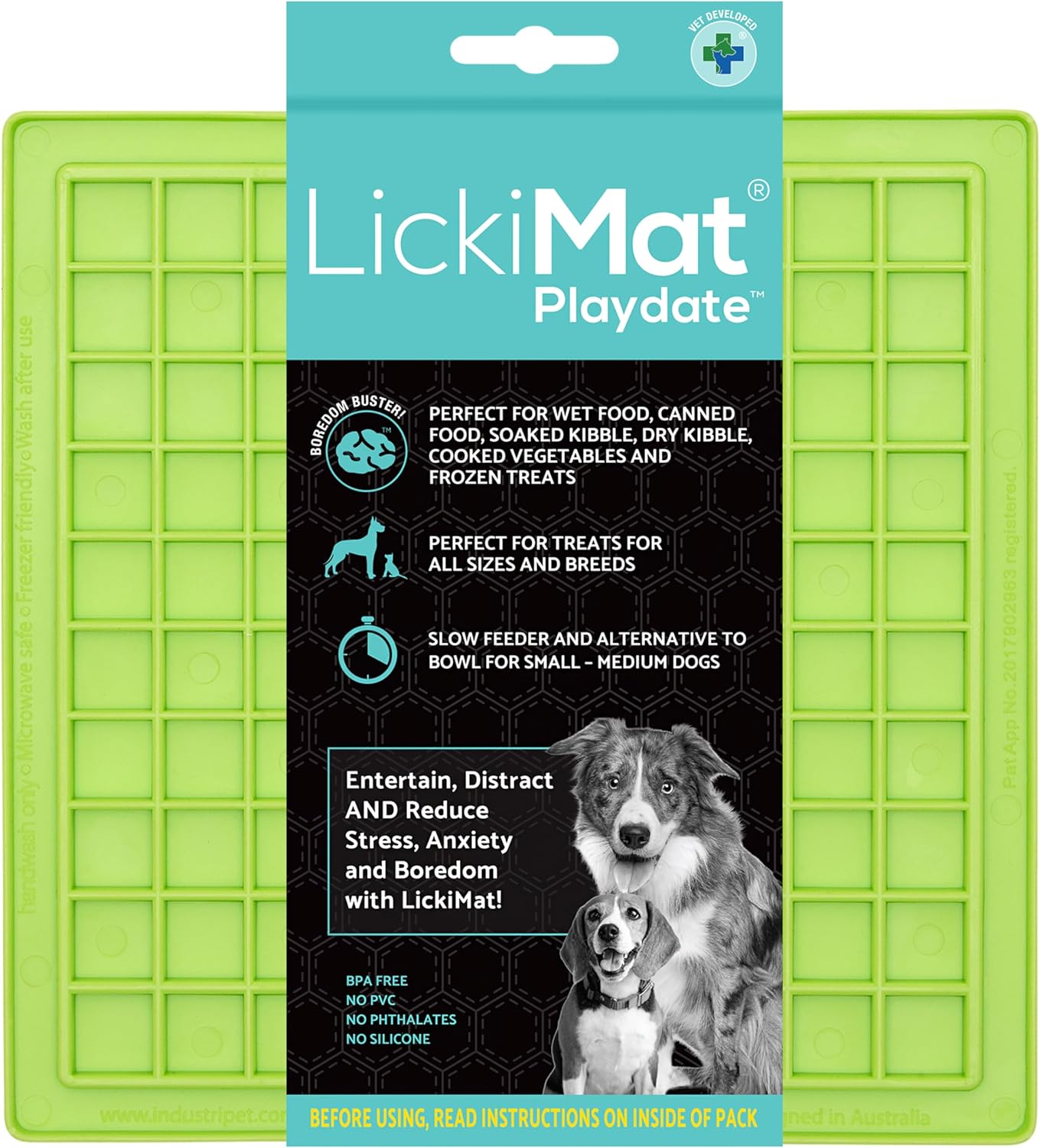LickiMat Classic Playdate Slow Feeder for Dogs Lick Mat Boredom Anxiety Reducer Perfect for Food Treats Yogurt Liquid Food Peanut Butter Fun Alternative to a Slow Feed Dog Bowl, Green