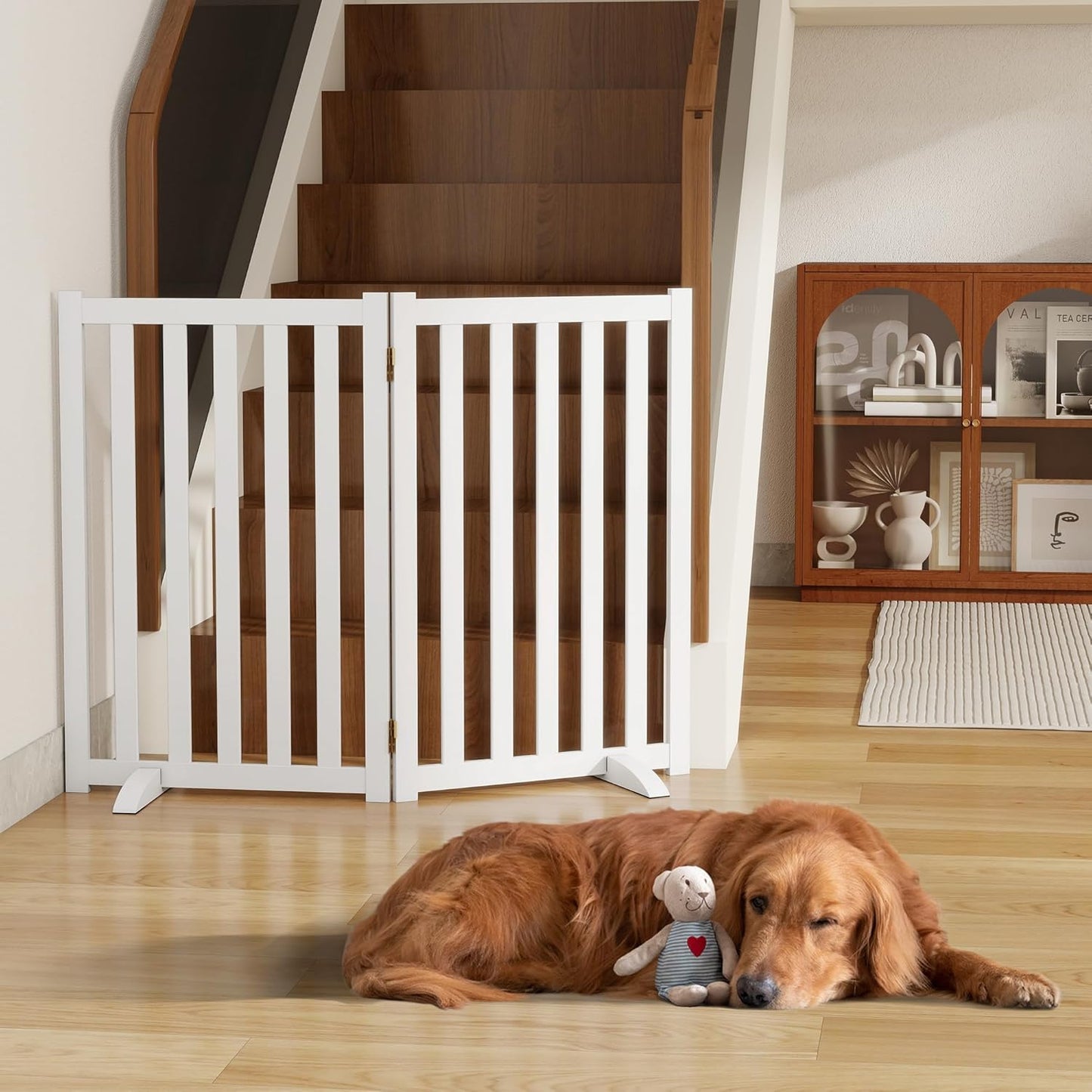 36" Height Extra Tall Freestanding Pet Gate, Solid Wood Folding Safety Fence Wooden Dog Gate with 2 PCs Support Feet Ideal for Stairs, Doorways, Halls, Kitchens, Heavy Duty Gates, 3 Panels, Oak
