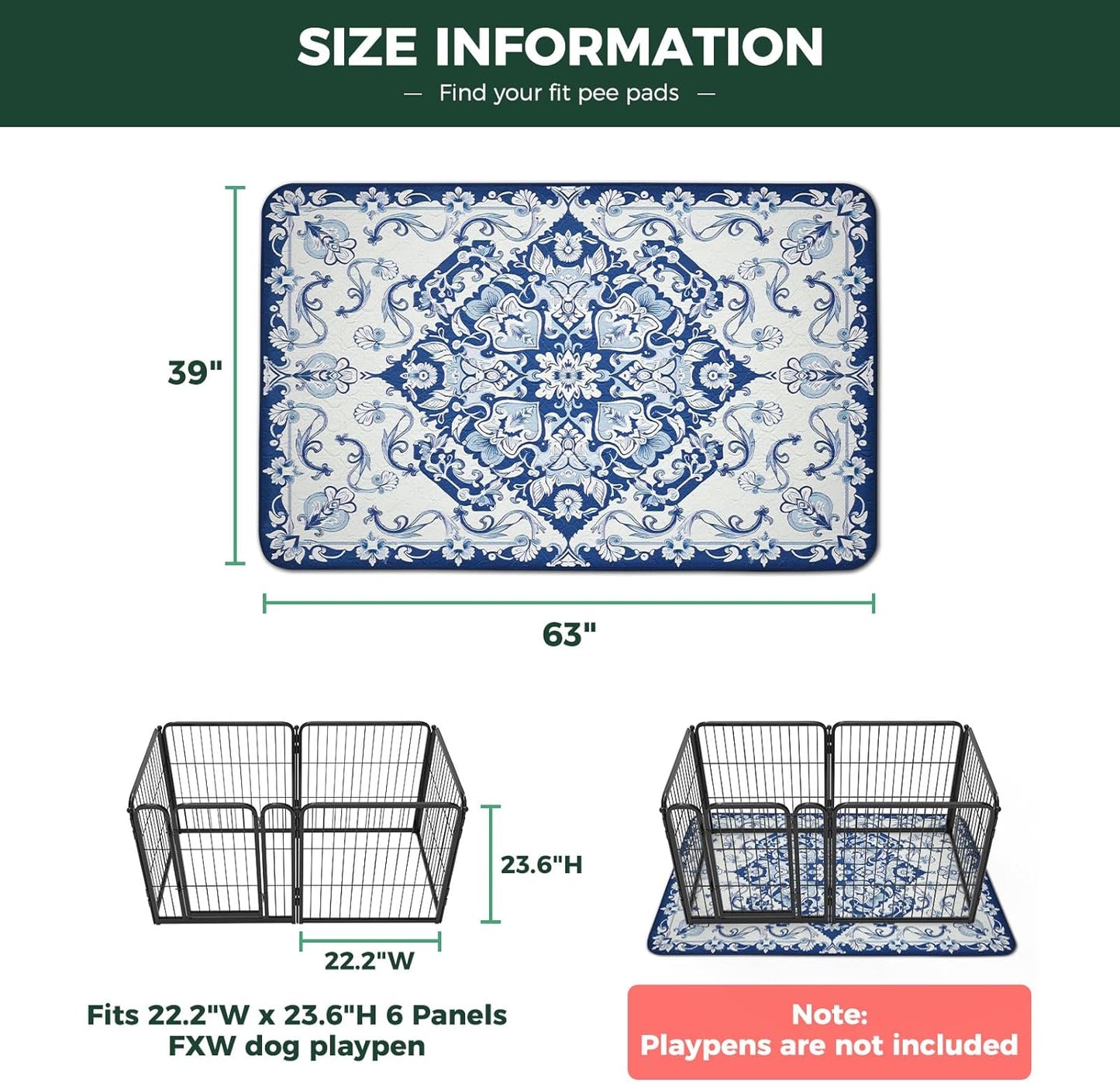 FXW Washable Pee Pads for Dogs, Puppy Pads with Super Absorbent, Specifically Designed for FXW Rollick/Homeplus 24inch 6 Panels Dog Playpen, 39" x 63" Rectangle, Khaki, 1 Pack