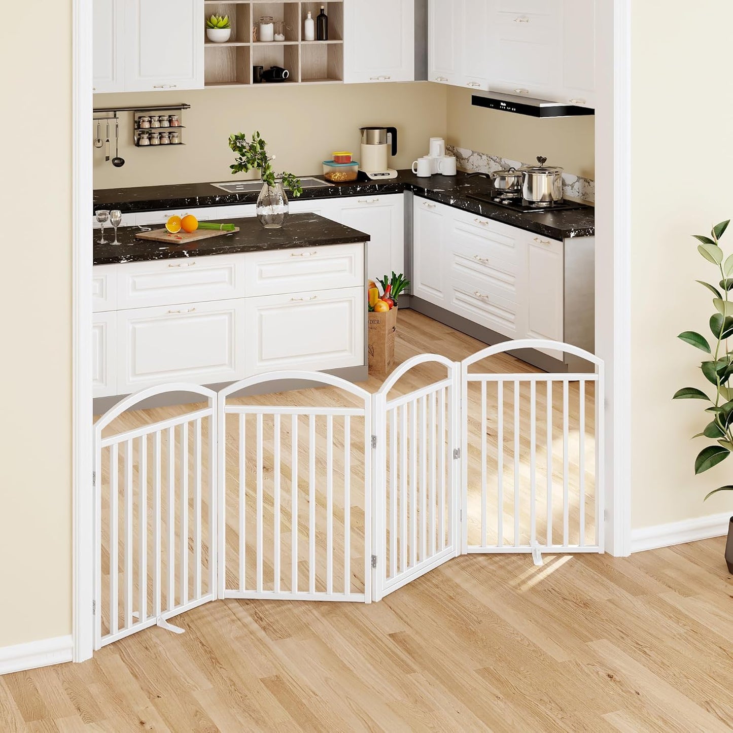 Folding No-Assembly Freestanding Dog Gate with Door,32" Heights Foldable Pet Fence,144" Extra Wide Accordion Puppy Folding Playpen for Doorways,House,Stairs (6 Panels,White)