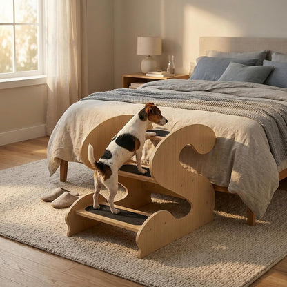 Wooden Dog Stairs Steps for Bed,3Steps,Small or Senior Dogs for Pet LUNDERLAND Design,16¾"Wx23¼Dx19⅜H RedWalnutWood GrainPattern