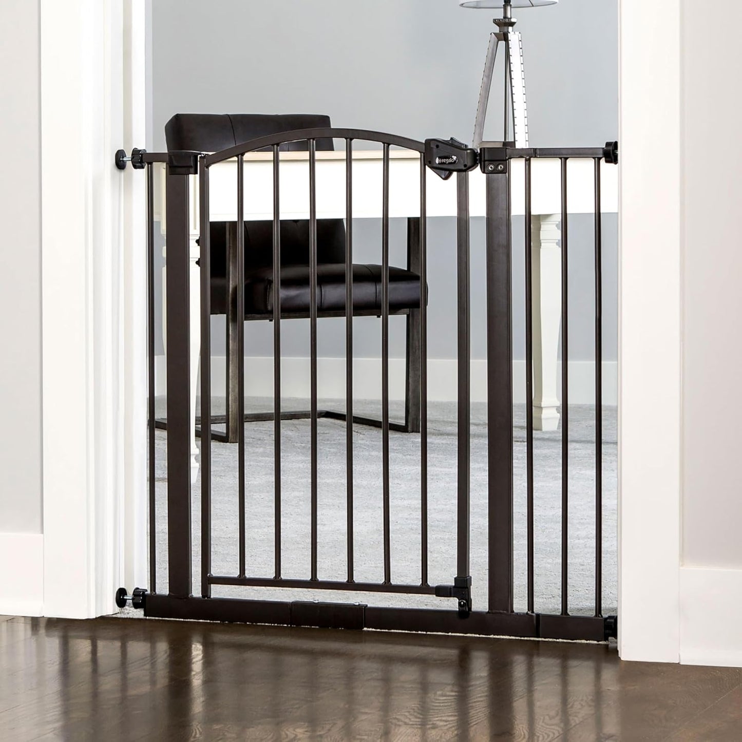 Regalo Safety 30.5-58" Extra Wide Arch Baby Gate with Door, Pressure Mount Walk Through Gate for Doorways & Bottom of Stairs, Babies, Toddlers & Pets, Tested & Safe, American Designed, American Owned