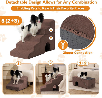 Dog Stairs for Bed 23’’ H, 5-Step Dog Steps for High Bed, Foldable Pet Stairs for Small Dogs and Cats to Get on Beds, Couch, Non-Slip Balanced Pet Steps and Ramp with Waterproof Cover, Grey