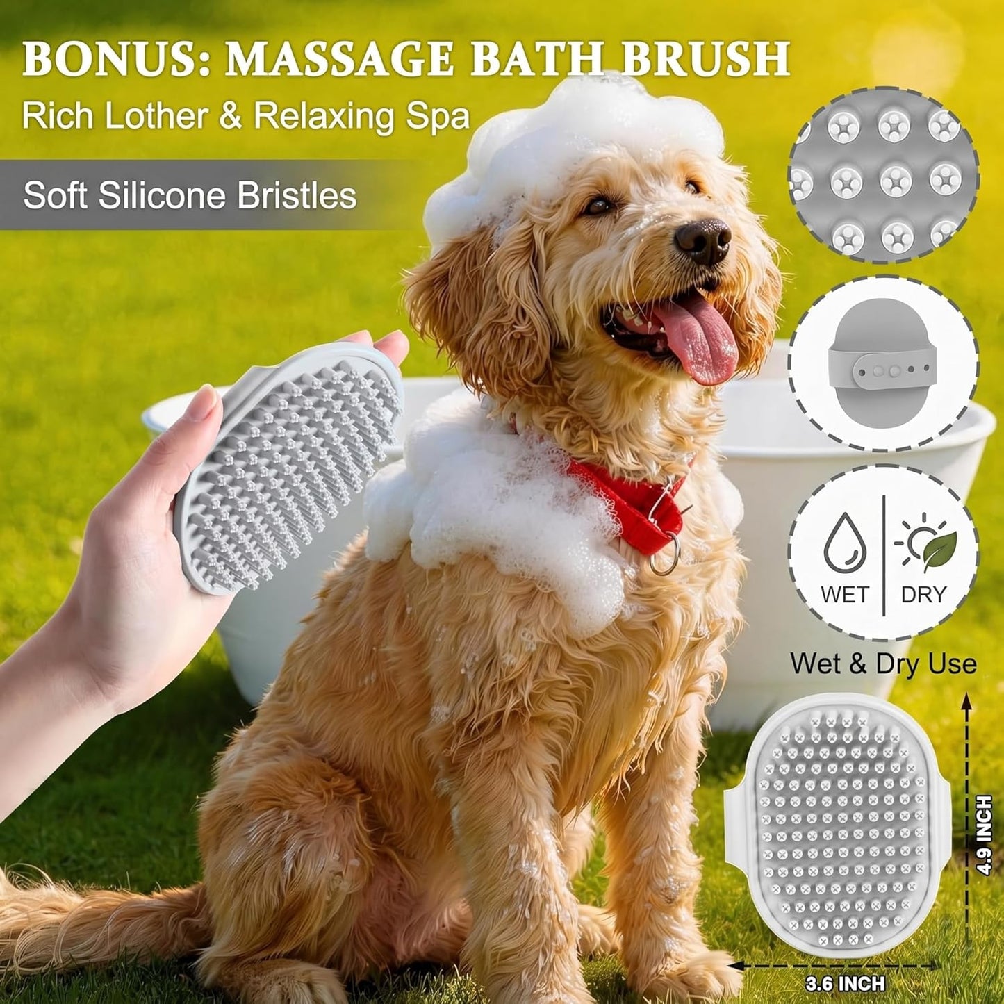 Slicker Brush for Dogs - 4-in-1 Wooden Dog Grooming Kit for Doodles & Poodles with Detangling Comb for Matted Hair & Bath Massage Set, Naturally