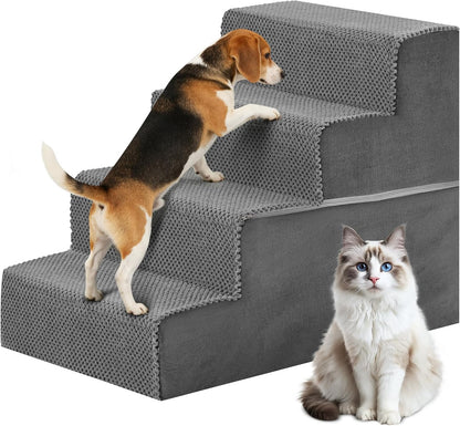 DUMOS Dog Stairs for Small and Medium Dogs, 3-Step Pet Steps with High-Density Foam, Indoor Non-Slip Pet Ramp for Puppy and Older Dogs Cats, Dog Bed Stairs for Couch and Sofa, Grey