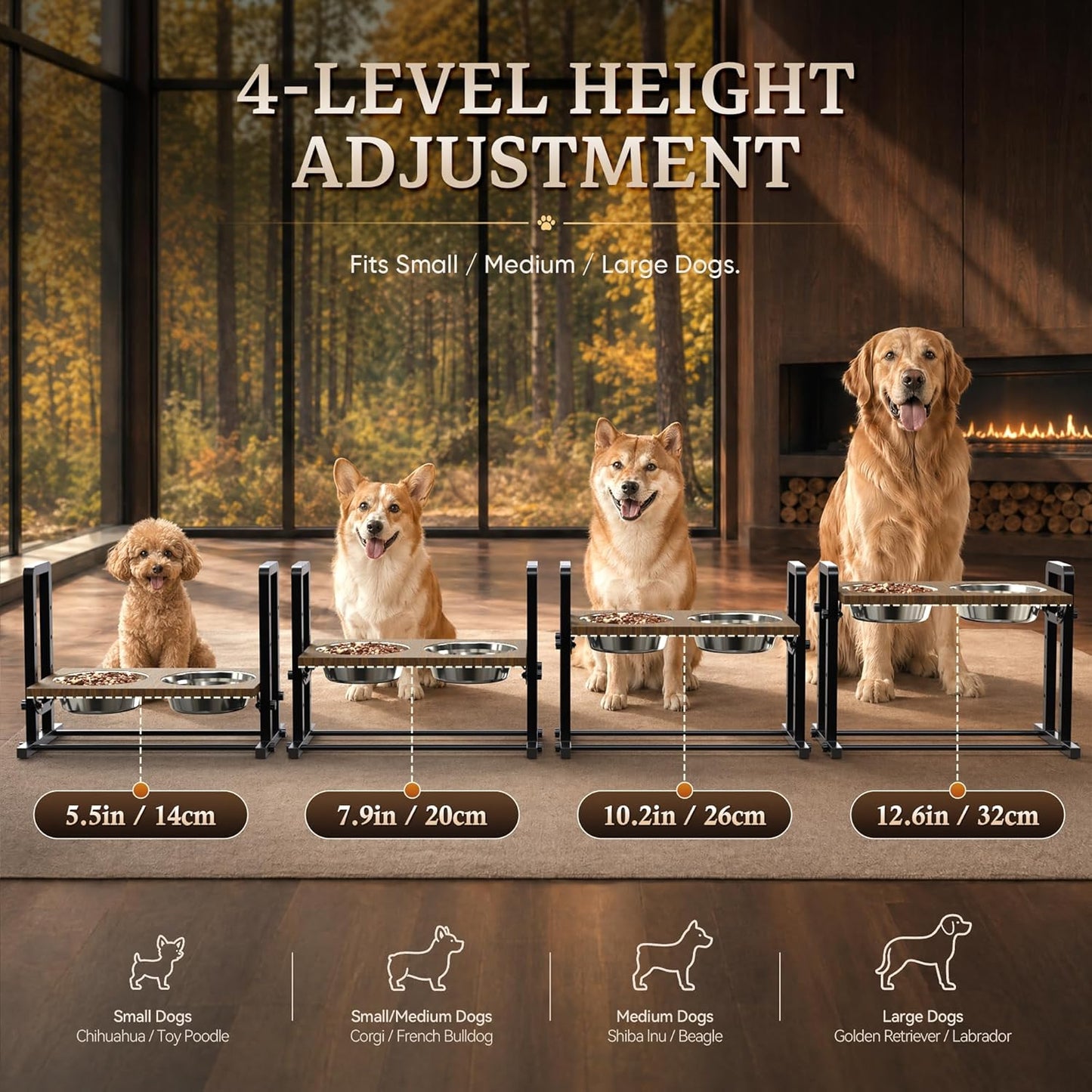CZPET Elevated Dog Bowls Mess Proof with Splash Guard 4 Heights Adjustable Raised Stand with 2L (67 oz) Stainless Steel Bowls, Lifted Food Water Feeder for Small, Medium & Large Dogs