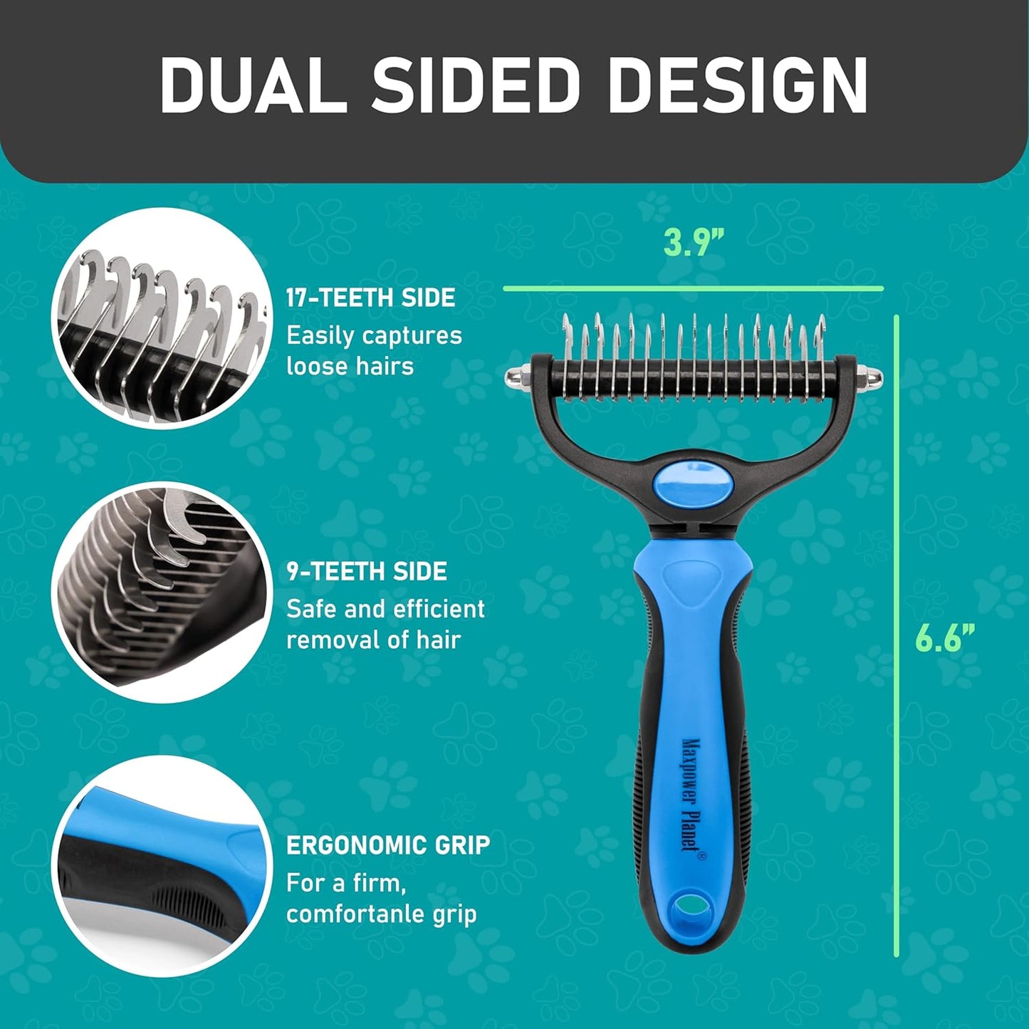Maxpower Planet Hair Brush - Double Sided Shedding, Dematting Undercoat Rake for Dogs and Cats - Extra Wide Dog Grooming Brush, Reduce Shedding by 95%, Turquoise