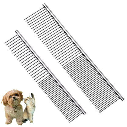 Flezoo 2PCS Dog and Cat Brush, Stainless Steel Pets Grooming Comb Kit, Detangler Deshedding Brush, Metal Knots Hair Remover 6.4" 7.5"