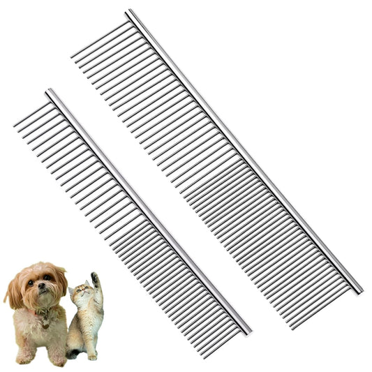 Flezoo 2PCS Dog and Cat Brush, Stainless Steel Pets Grooming Comb Kit, Detangler Deshedding Brush, Metal Knots Hair Remover 6.4" 7.5"