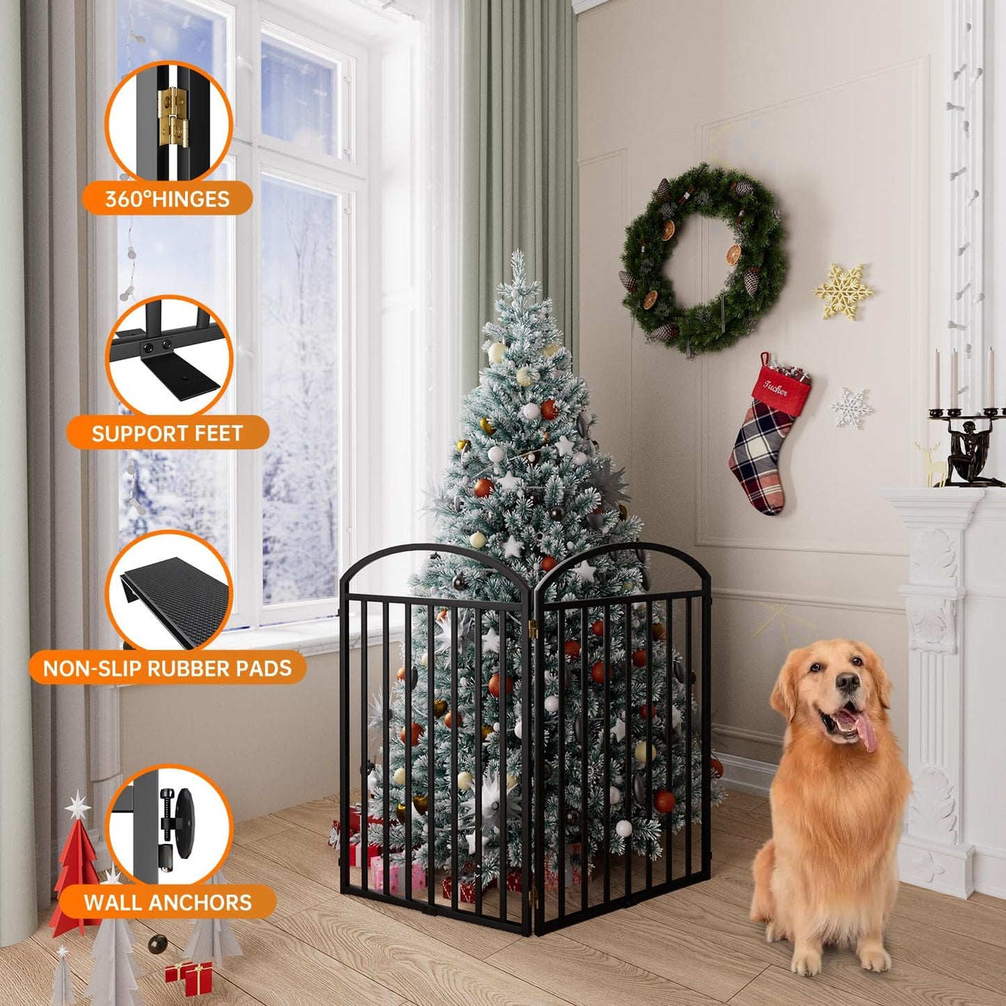 SNUOWU 4 Panels Full Matel Freestanding Dog Gates with Door, 96"Extra Wide 32"Tall Free Standing Dog Pet Gate for Indoor & Outdoor. Foldable Pet Fences for Doorways, House, Stairs, Porch, Deck, Yard