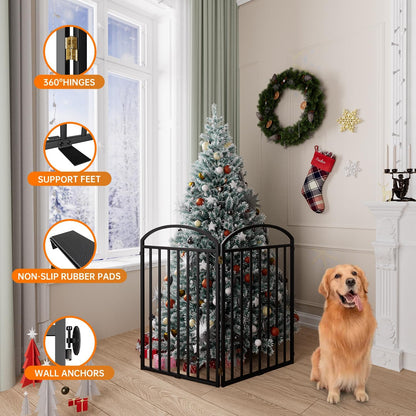 SNUOWU 4 Panels Full Matel Freestanding Dog Gates with Door, 96"Extra Wide 32"Tall Free Standing Dog Pet Gate for Indoor & Outdoor. Foldable Pet Fences for Doorways, House, Stairs, Porch, Deck, Yard
