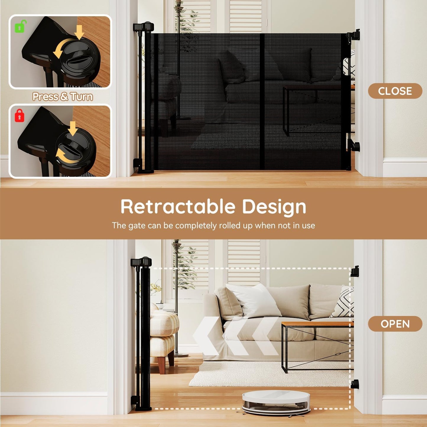 Miumoon One-Hand Operation Retractable Baby Gates, 71 inch Retractable Gate with Reinforced Strip Design to Prevent Crawling Through, 6 FT Retractable Dog Gate for Stairs, Doorways, Hallways